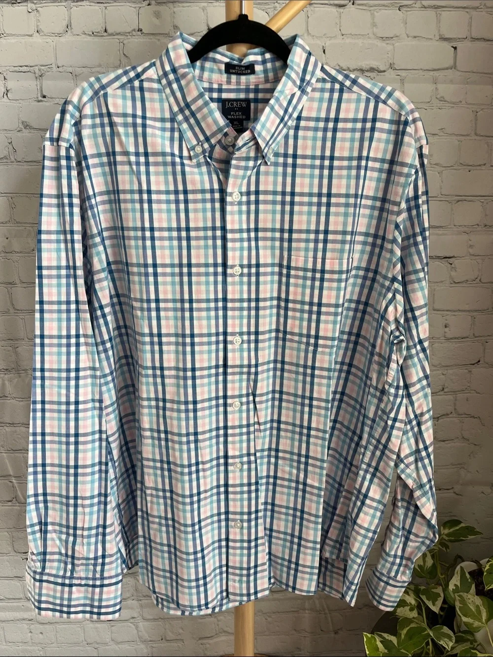J. Crew Men’s Pink & Blue Plaid Cotton Button-Down Shirt XL